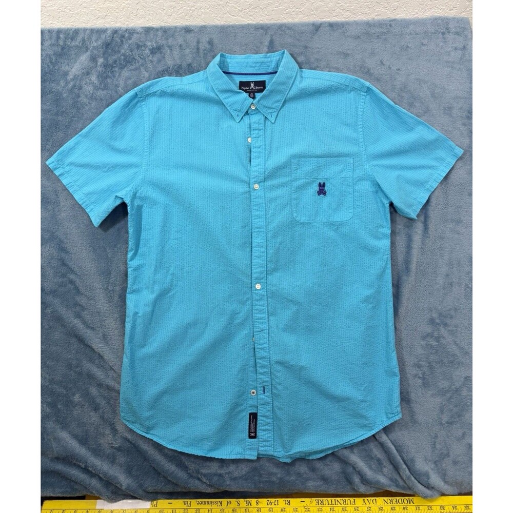 NWOT Psycho Bunny Shirt Mens XXL 2XL Turquoise Blue Seersucker Pima Cotton SS